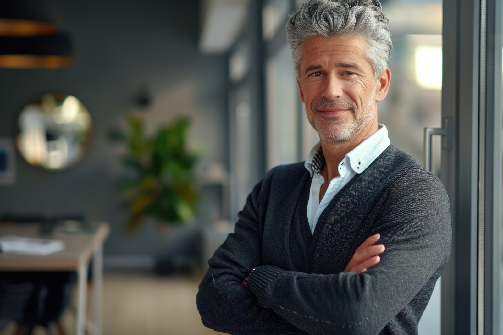 Smiling senior leader standing in a modern office